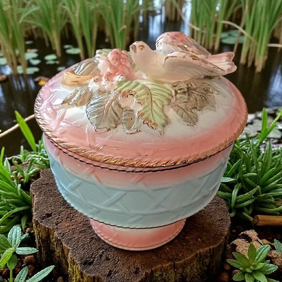Majolica 3D Candy Dish Birds Floral Handpainted Porcelain Betson Colorful Shabby - Picture 15 of 16